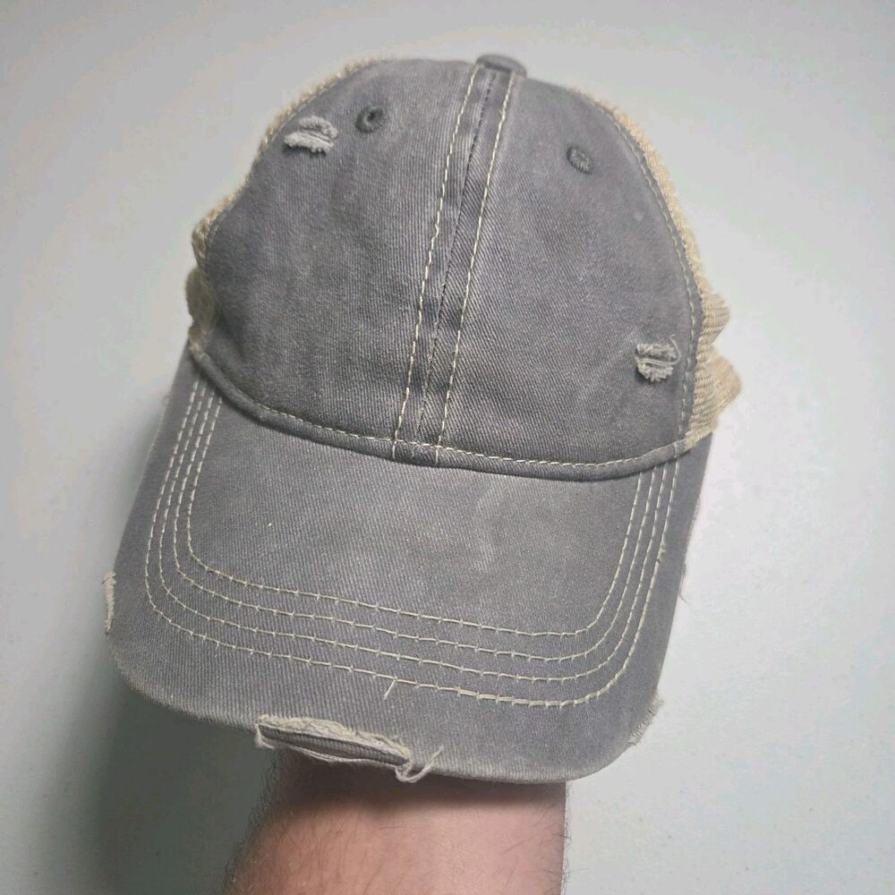 C.C Ponytail Hat Gray Tan Mesh Trucker High Messy Bun Distressed Cap Strapback